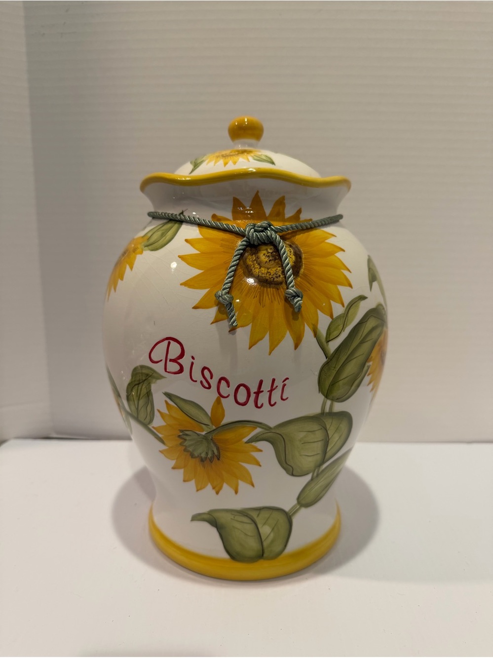 NONNI'S Ceramic Sunflower Yellow Brown Green BISCOTTI Vintage Biscuit Jar W/ Lid
